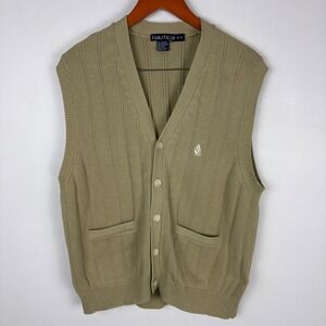 Nautica Mens M M Tan Knit Button Front Sleeveless Vest Sweater Pockets